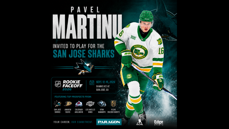 Pavel Martinu invited to represent the San Jose Sharks at the 2026 Rookie Faceoff before joining the Sioux Falls Stampede and University of New Hampshire.